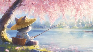 樱花树下钓鱼的小猫