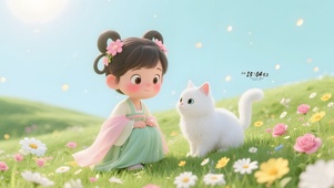 鲜花草地女孩逗猫