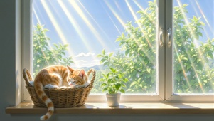 窗畔橘眠静沐晴光