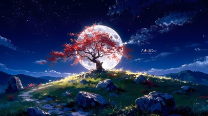 月色下山坡枫树