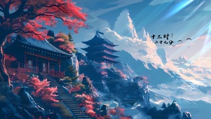 水墨云海樱花