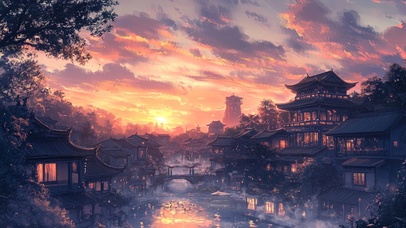 傍晚的古镇与河水