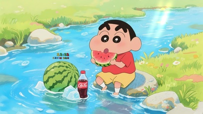 夏日溪边吃瓜小新