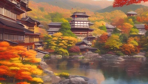 秋天湖边日式村落