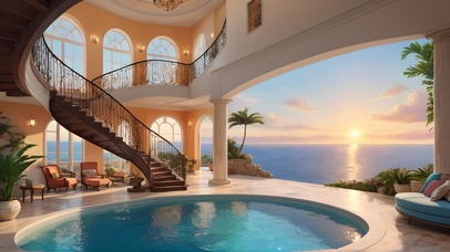 傍晚泳池海边别墅