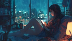 雨天夜晚玩手机的女孩