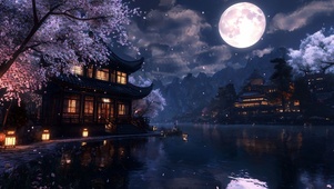 夜晚古阁樱花湖畔