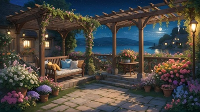 夜晚湖边花园小屋