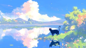 蓝天白云治愈海边风景插画小黑猫