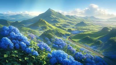 蓝色花海山丘