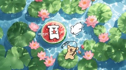 线条小狗夏日荷塘西瓜派对