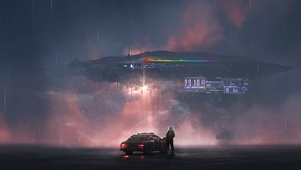 4k 赛博朋克雨天科幻飞船