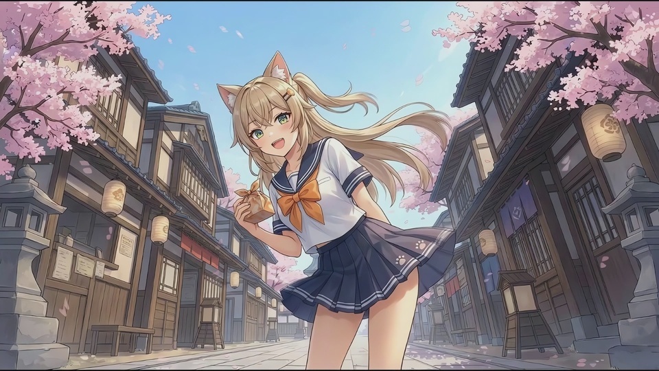 猫耳水手服少女站在樱花古街，两侧古建飘着落樱，晴空背景清新明快。