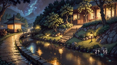治愈古风夜晚溪边小屋
