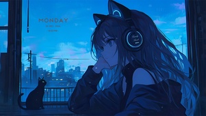 唯美城市晚霞窗前猫女