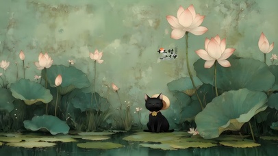 夏日荷花猫咪