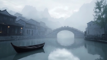 烟雨迷雾中的古镇风景