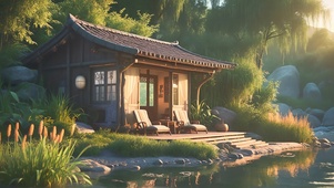 傍晚湖边小屋