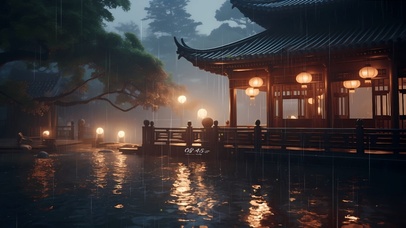 4K古风亭台楼阁夜景