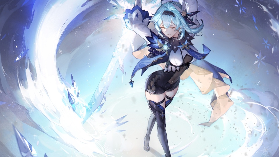 二次元插画中，原神角色优菈身处冰元素幻想空间，手持泛着寒光的大剑做出挥剑动作，周身环绕流动的冰雪特效，以冰蓝色、白色与藏黑色为主色调。