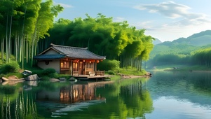 大自然风景湖泊屋子湖河畔小屋
