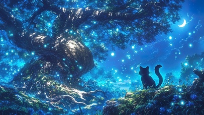 神秘魔法森林中的黑猫