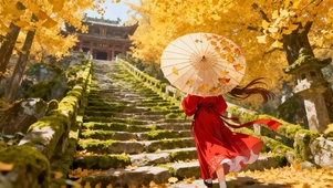 秋日通往寺庙的阶梯