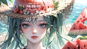 夏日西瓜草帽少女