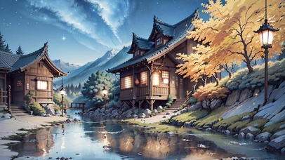 初秋夜晚河边古建筑