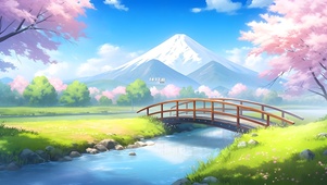 雪山樱花小桥