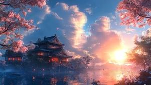 夕阳樱花湖畔阁楼
