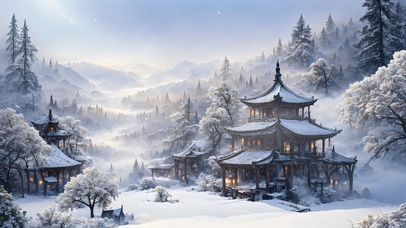 亭台楼阁雪中屹