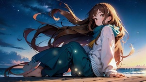 夜晚海边少女