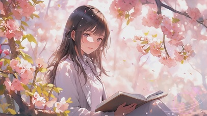 樱花树上安静看书的女孩