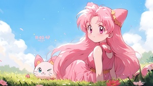 蓝天下女孩和猫