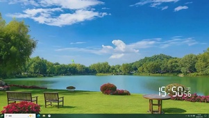 护眼蓝天白云树木河流绿景主题