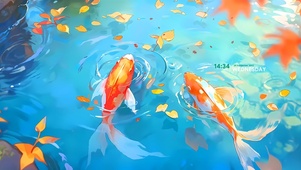池塘落叶锦鲤