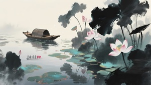 雨墨荷塘孤舟