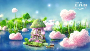 梦幻棉花塘里的小楼和小船