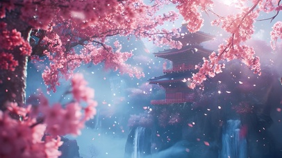 樱花飘落瀑布古塔