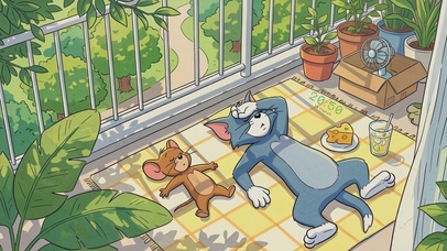 阳台上小憩的猫和老鼠