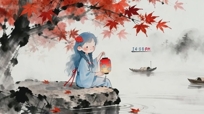 枫叶下的提灯少女