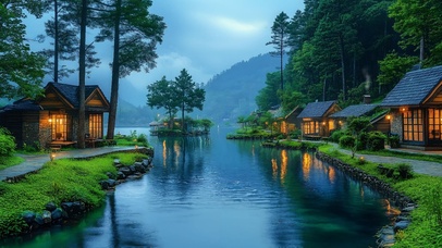 护眼傍晚山村湖畔