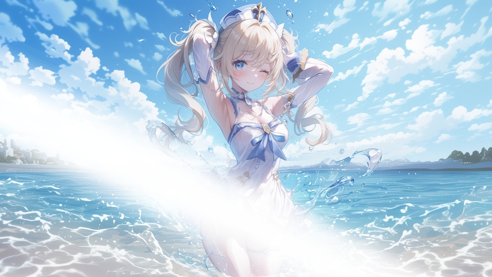 浅金发双马尾少女站在浅海溅起水花，后方是飘云的蓝天与远岸。