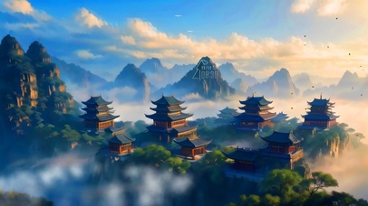 壮观清新绿色白云山水