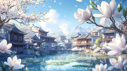 百花盛开的古镇池塘
