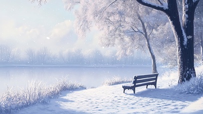 冬日飘雪湖边长椅