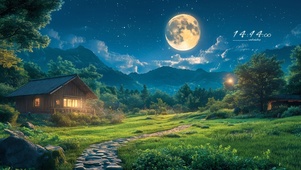 夜晚山间小屋