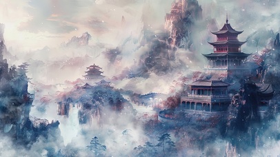 水墨云端仙境古风山顶寺庙