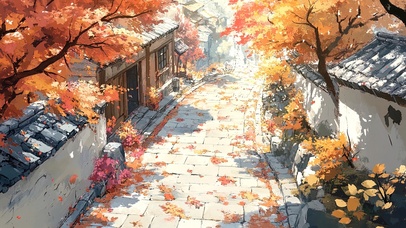 秋日落叶静谧古城街道